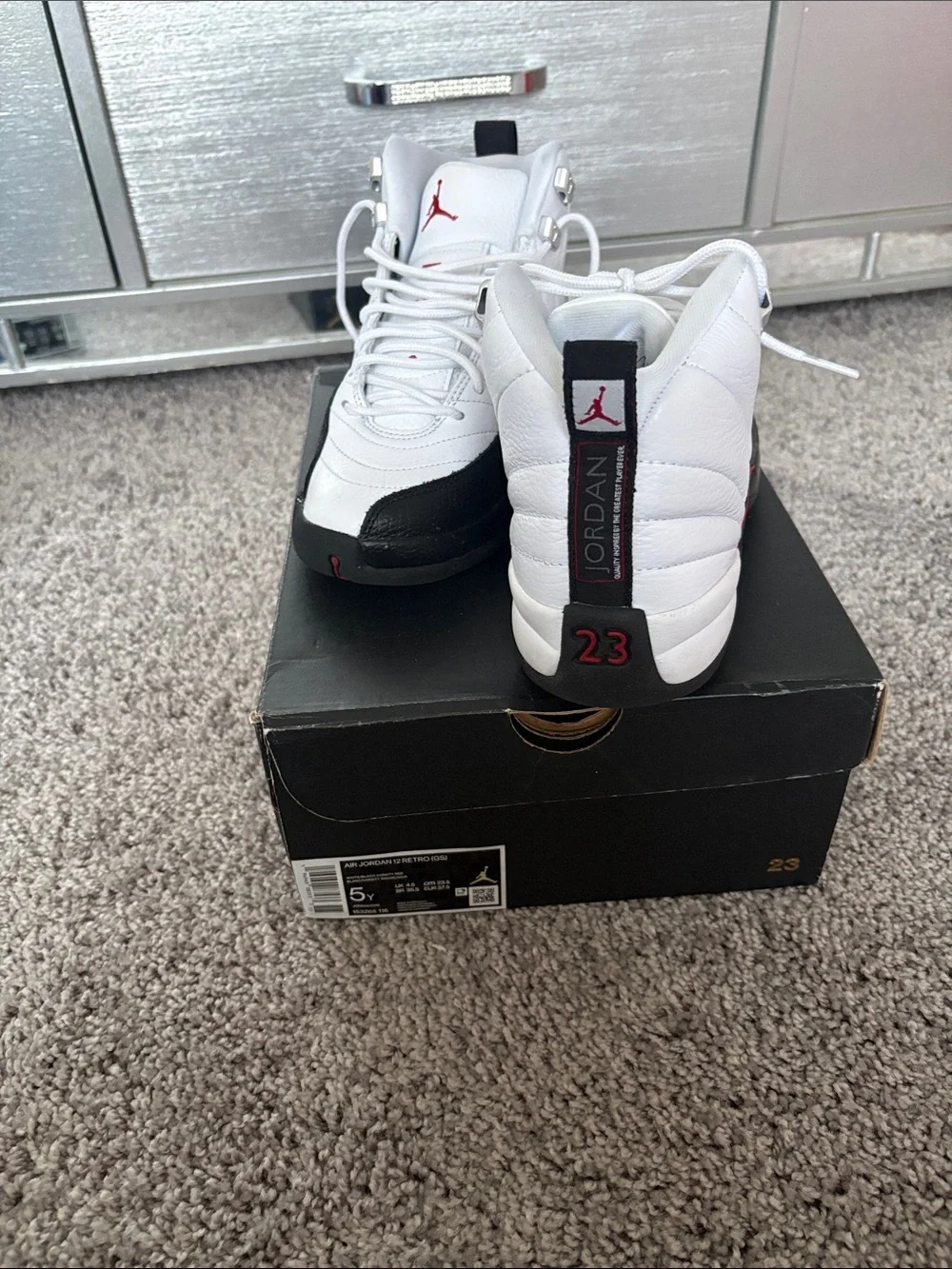 Jordan Retro High-Top Sneakers in White, Black & Red